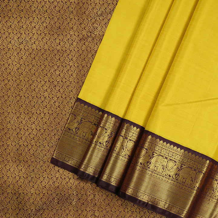 Hayagrivas Lemon Yellow Handloom Kanjivaram Silk Saree with Dark Brown Border KBD2178C2-1