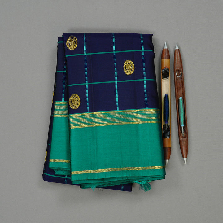 Hayagrivas Blue Handloom Kanjivaram Silk Saree with Teal Green Border KBD2185C4-3