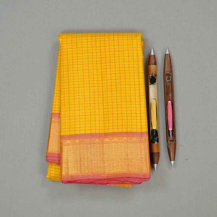 Hayagrivas Yellow Handloom Kanjivaram Silk Saree with Dual Tone (Pink With Yellow) Border KBD2185C5-2