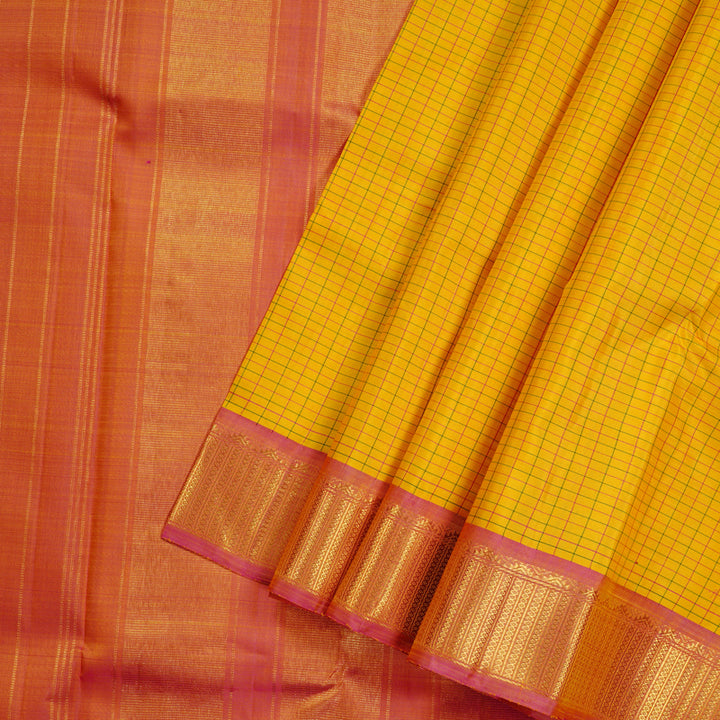 Hayagrivas Yellow Handloom Kanjivaram Silk Saree with Dual Tone (Pink With Yellow) Border KBD2185C5-2