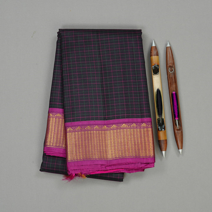 Hayagrivas Black Handloom Kanjivaram Silk Saree with Purple Border KBD2185C5-3