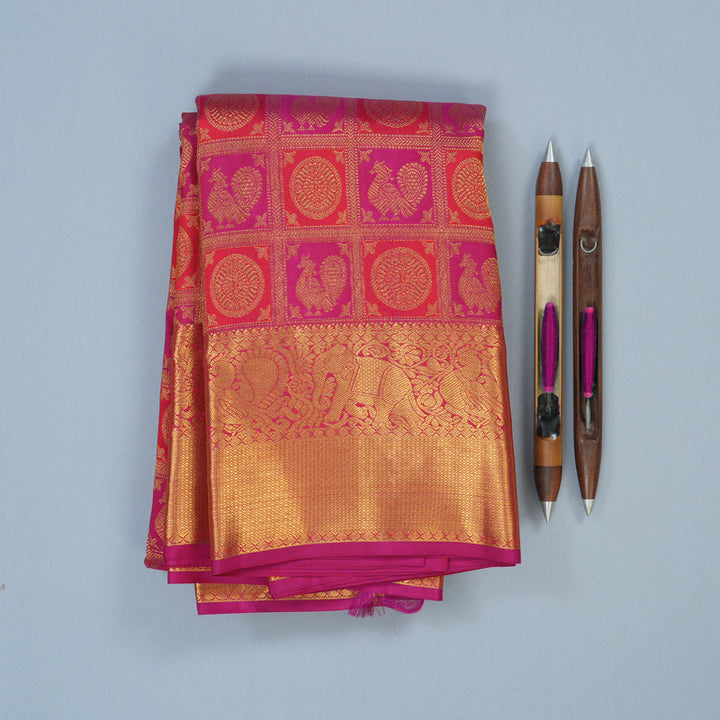 Hayagrivas Handloom Pink & Red Checks Kanjivaram Silk Saree KBD2185C9-2