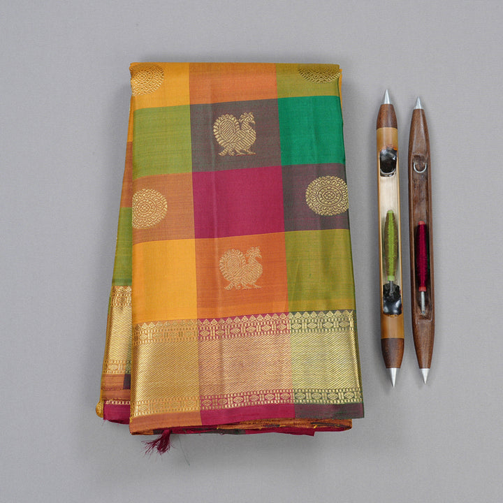 Hayagrivas Multi Colour Checks Handloom Kanjivaram Silk Saree KBD2187C1-1