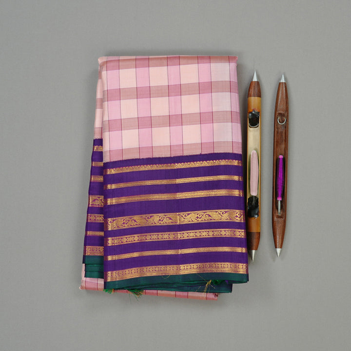 Hayagrivas Multi Colour Checks Handloom Kanjivaram Silk Saree with Purplish Blue Border KBD2193C8-1
