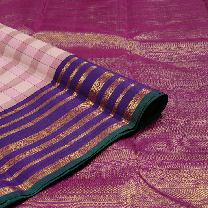 Hayagrivas Multi Colour Checks Handloom Kanjivaram Silk Saree with Purplish Blue Border KBD2193C8-1