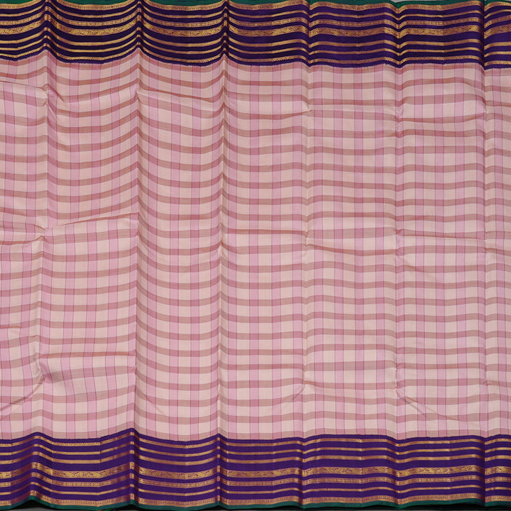 Hayagrivas Multi Colour Checks Handloom Kanjivaram Silk Saree with Purplish Blue Border KBD2193C8-1