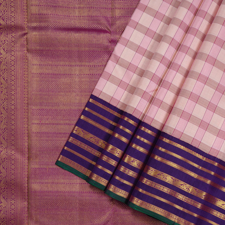 Hayagrivas Multi Colour Checks Handloom Kanjivaram Silk Saree with Purplish Blue Border KBD2193C8-1