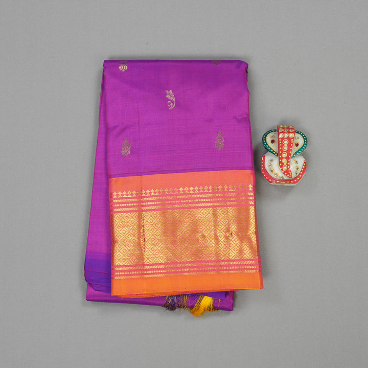 Hayagrivas Purple Handloom Kanjivaram Silk Saree with Dual Tone (Pink With Yellow) Border KBD2197C6-27