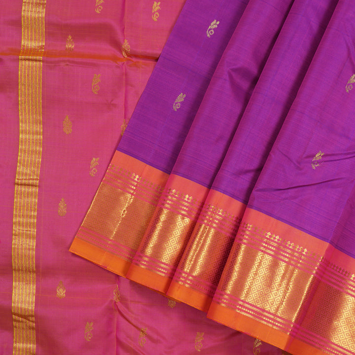 Hayagrivas Purple Handloom Kanjivaram Silk Saree with Dual Tone (Pink With Yellow) Border KBD2197C6-27