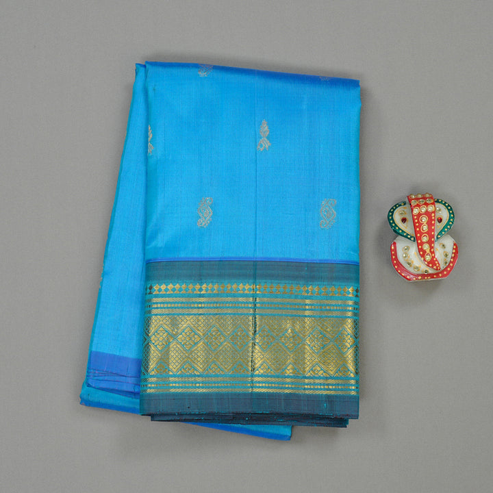 Hayagrivas Light Sky Blue Handloom Kanjivaram Silk Saree with Blue Border KBD2197C6-28