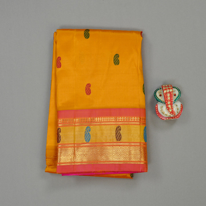 Hayagrivas Mustard Yellow Handloom Kanjivaram Silk Saree with Dual Tone (Pink With Yellow) Border KBD2197C9-4