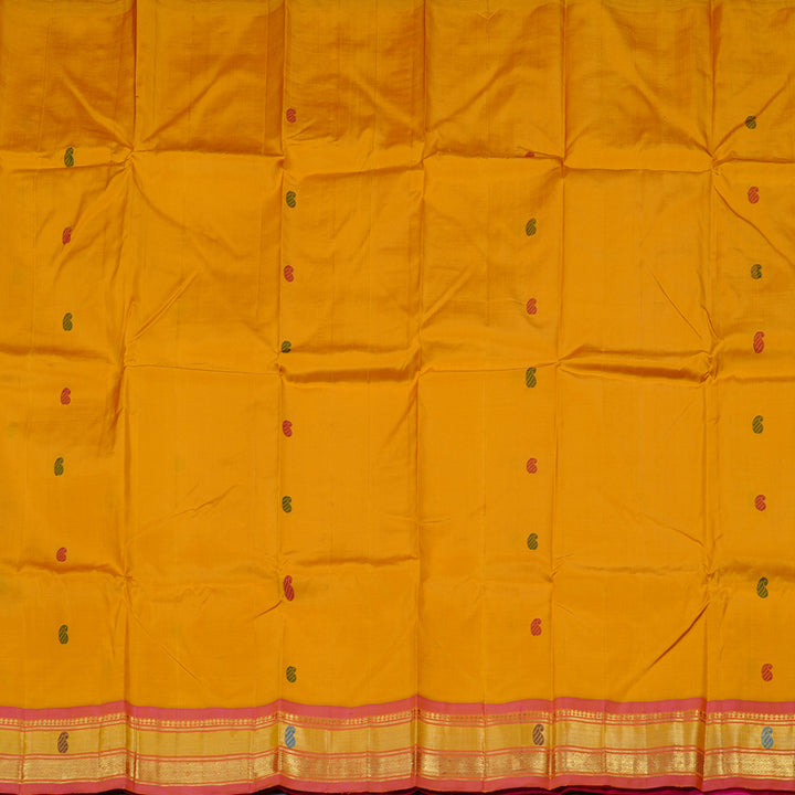Hayagrivas Mustard Yellow Handloom Kanjivaram Silk Saree with Dual Tone (Pink With Yellow) Border KBD2197C9-4