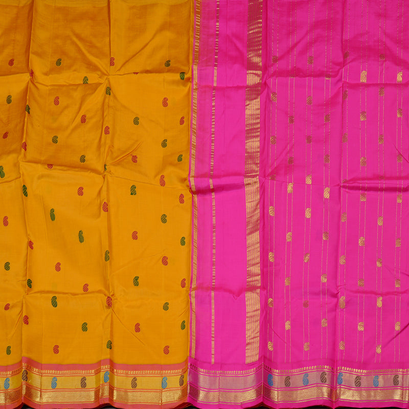 Hayagrivas Mustard Yellow Handloom Kanjivaram Silk Saree with Dual Tone (Pink With Yellow) Border KBD2197C9-4