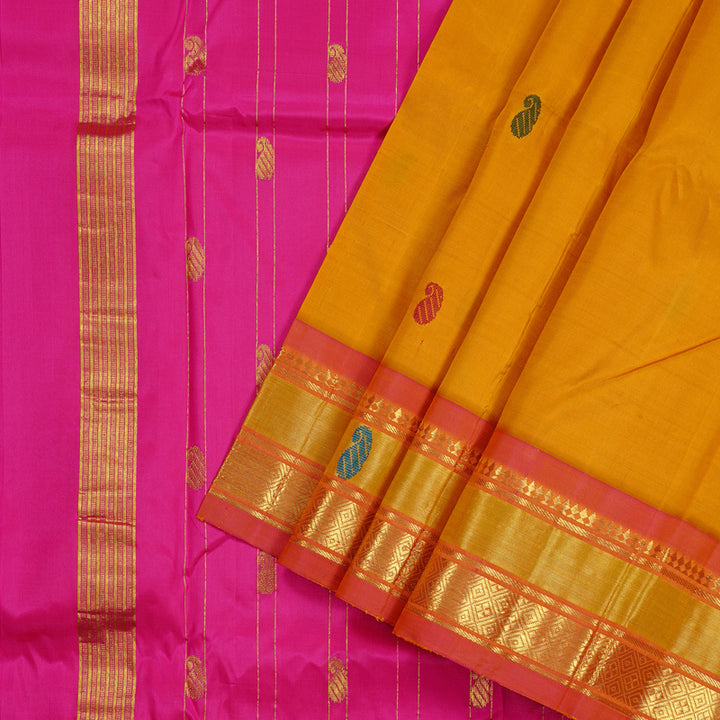 Hayagrivas Mustard Yellow Handloom Kanjivaram Silk Saree with Dual Tone (Pink With Yellow) Border KBD2197C9-4