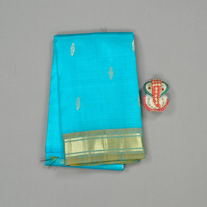 Hayagrivas Sea Blue Handloom Kanjivaram Silk Saree with Dual Tone (Yellow With Sea Blue) Border KBD2198C1-13