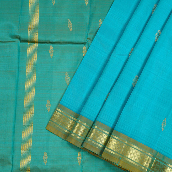 Hayagrivas Sea Blue Handloom Kanjivaram Silk Saree with Dual Tone (Yellow With Sea Blue) Border KBD2198C1-13