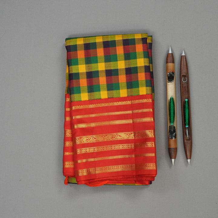 Hayagrivas Handloom Multicolour Checks Kanjivaram Silk Saree with Red Border KBE1005I9-1