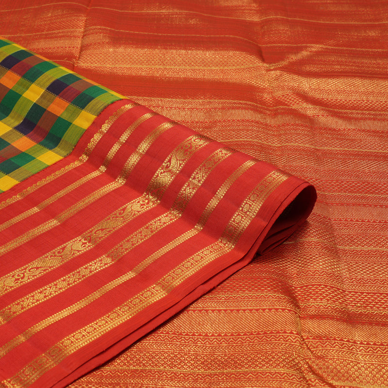 Hayagrivas Handloom Multicolour Checks Kanjivaram Silk Saree with Red Border KBE1005I9-1