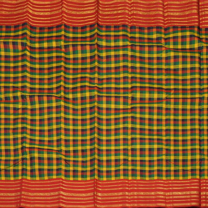 Hayagrivas Handloom Multicolour Checks Kanjivaram Silk Saree with Red Border KBE1005I9-1