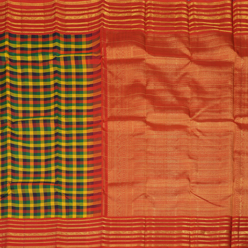 Hayagrivas Handloom Multicolour Checks Kanjivaram Silk Saree with Red Border KBE1005I9-1