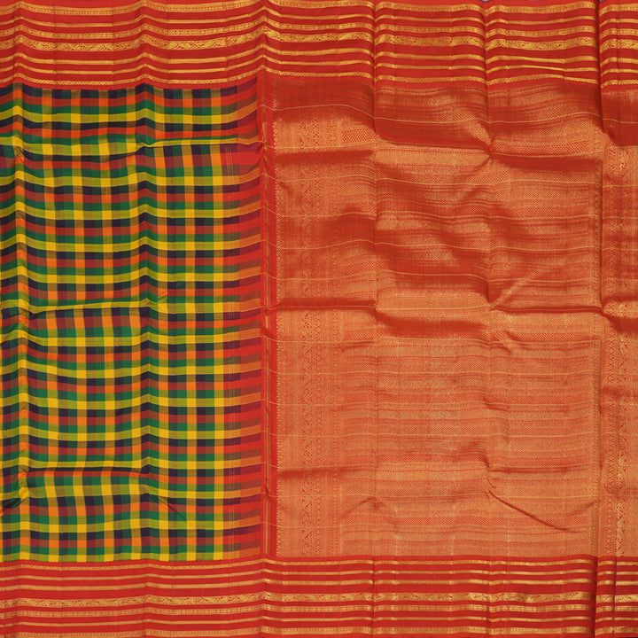 Hayagrivas Handloom Multicolour Checks Kanjivaram Silk Saree with Red Border KBE1005I9-1