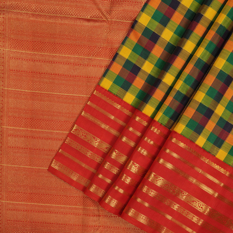Hayagrivas Handloom Multicolour Checks Kanjivaram Silk Saree with Red Border KBE1005I9-1