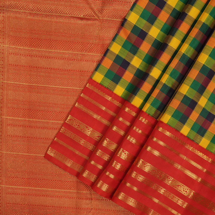 Hayagrivas Handloom Multicolour Checks Kanjivaram Silk Saree with Red Border KBE1005I9-1