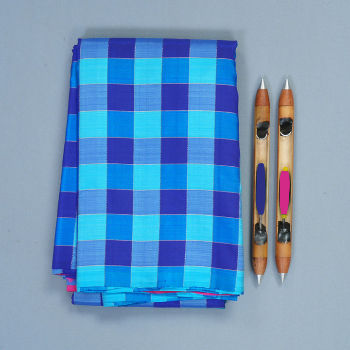 Hayagrivas Handloom Sky Blue &amp; Royal Blue Checks Kanjivaram Silk Saree KBE1008I2-1
