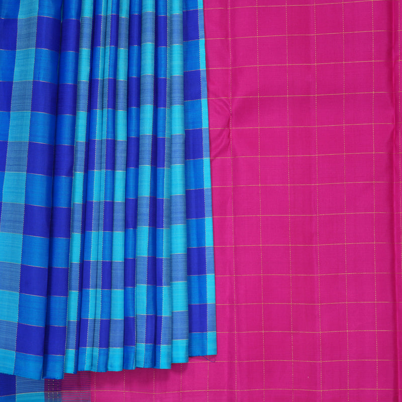Hayagrivas Handloom Sky Blue &amp; Royal Blue Checks Kanjivaram Silk Saree KBE1008I2-1