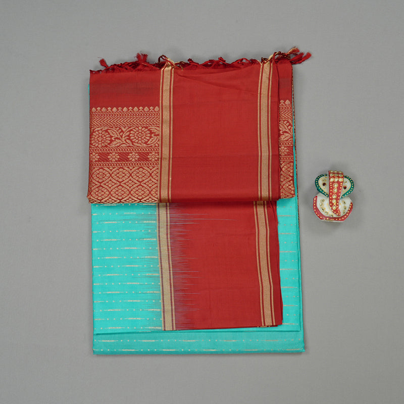 Hayagrivas Sea Blue Handloom Soft Silk Saree with Red Border KBE100D3-5