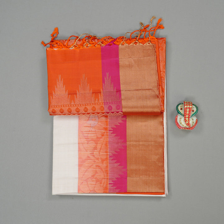 Hayagrivas White Handloom Soft Silk Saree with Orange Border KBE100D7-2