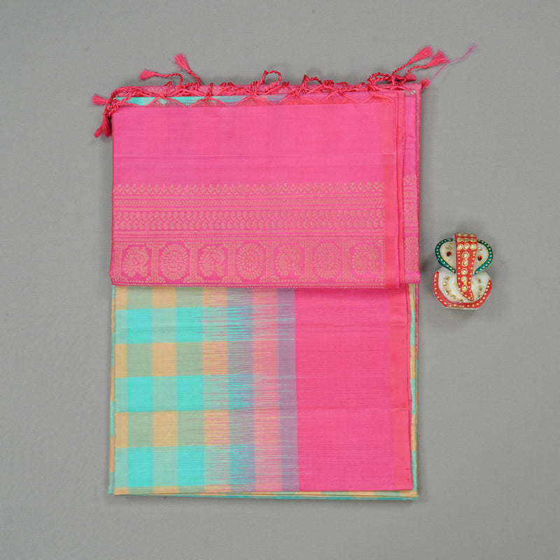 Hayagrivas Sea Blue With Sandal Checks Handloom Soft Silk Saree with Pink Border KBE100D8-2