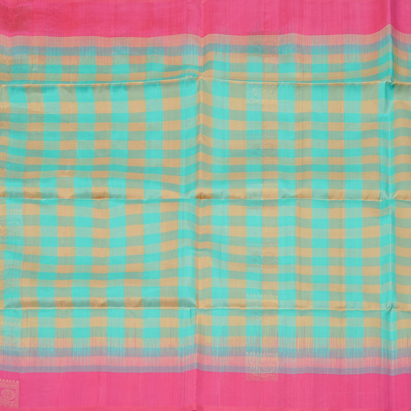 Hayagrivas Sea Blue With Sandal Checks Handloom Soft Silk Saree with Pink Border KBE100D8-2