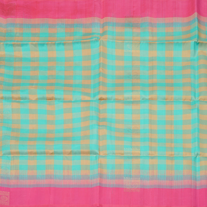 Hayagrivas Sea Blue With Sandal Checks Handloom Soft Silk Saree with Pink Border KBE100D8-2