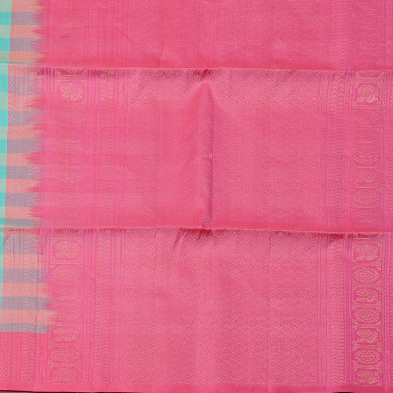 Hayagrivas Sea Blue With Sandal Checks Handloom Soft Silk Saree with Pink Border KBE100D8-2