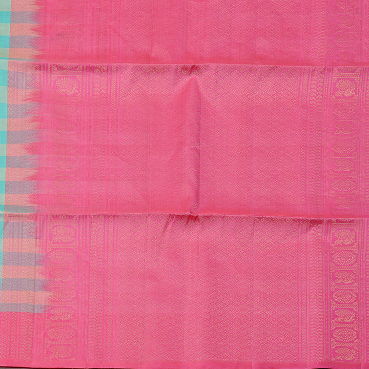 Hayagrivas Sea Blue With Sandal Checks Handloom Soft Silk Saree with Pink Border KBE100D8-2