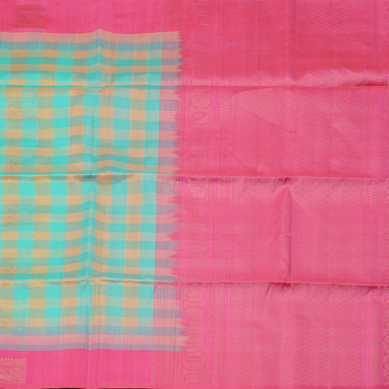 Hayagrivas Sea Blue With Sandal Checks Handloom Soft Silk Saree with Pink Border KBE100D8-2