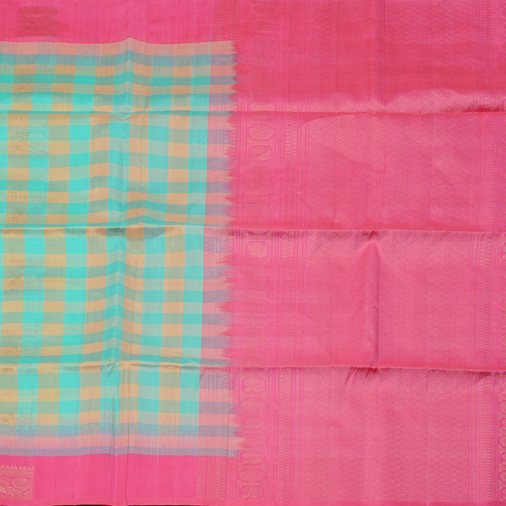 Hayagrivas Sea Blue With Sandal Checks Handloom Soft Silk Saree with Pink Border KBE100D8-2