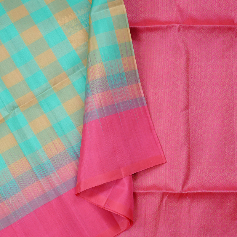 Hayagrivas Sea Blue With Sandal Checks Handloom Soft Silk Saree with Pink Border KBE100D8-2