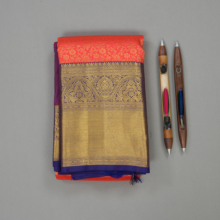 Hayagrivas Exclusive Handloom Silk Saree in Regal Reddish-Pink with Purplish Blue KBE1012I2-3