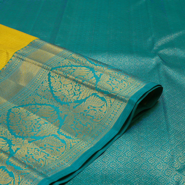 Hayagrivas Handwoven Korvai Kanjivaram Silk Saree in radiant Lemon Yellow with Peacock Blue contrast KBE1012I2-4