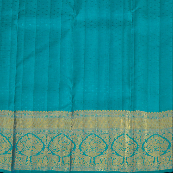 Hayagrivas Handwoven Korvai Kanjivaram Silk Saree in radiant Lemon Yellow with Peacock Blue contrast KBE1012I2-4