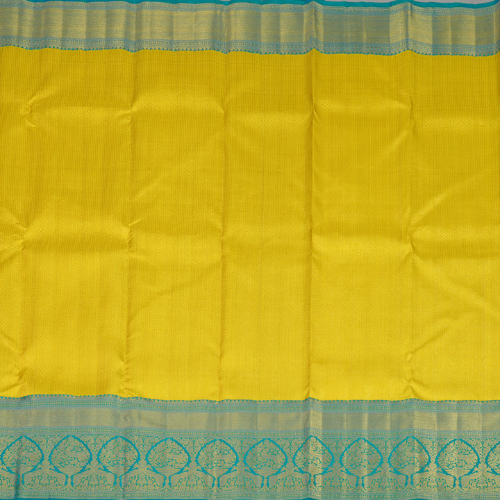 Hayagrivas Handwoven Korvai Kanjivaram Silk Saree in radiant Lemon Yellow with Peacock Blue contrast KBE1012I2-4
