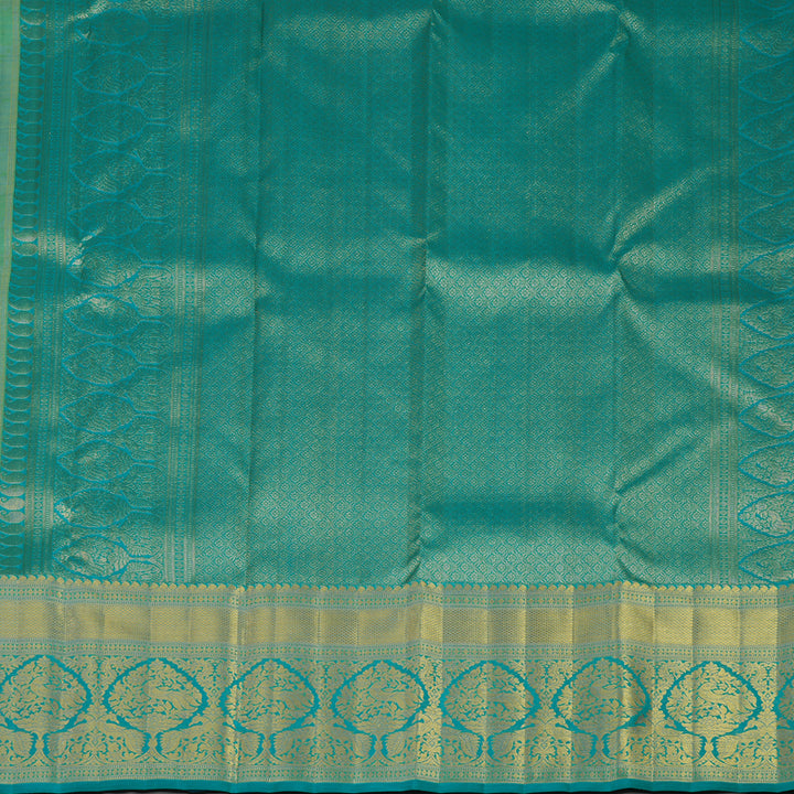 Hayagrivas Handwoven Korvai Kanjivaram Silk Saree in radiant Lemon Yellow with Peacock Blue contrast KBE1012I2-4