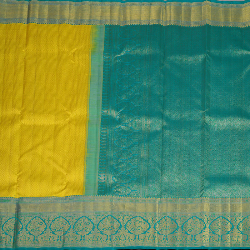 Hayagrivas Handwoven Korvai Kanjivaram Silk Saree in radiant Lemon Yellow with Peacock Blue contrast KBE1012I2-4