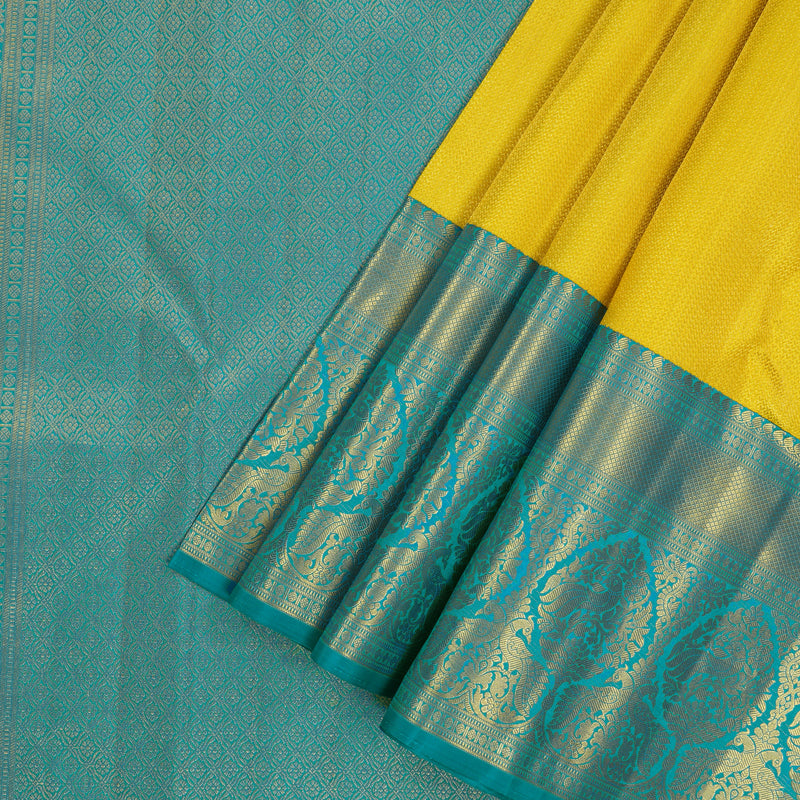 Hayagrivas Handwoven Korvai Kanjivaram Silk Saree in radiant Lemon Yellow with Peacock Blue contrast KBE1012I2-4