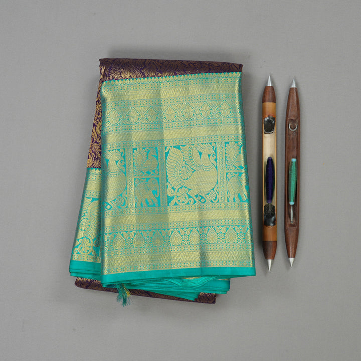 Hayagrivas Handloom Violet Kanjivaram Silk Saree with Bright Teal Border KBE1012I2-7
