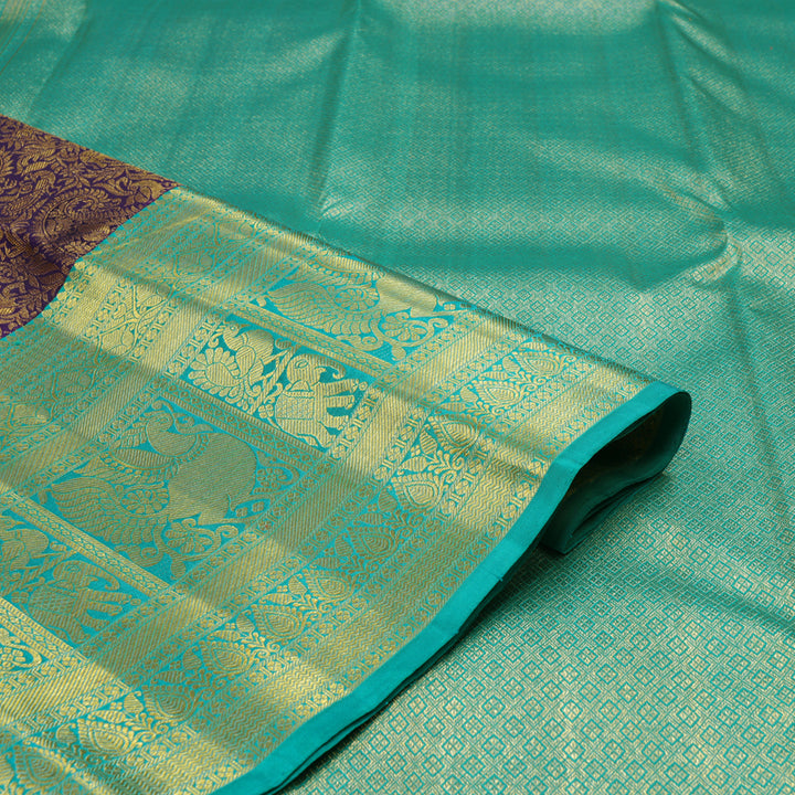 Hayagrivas Handloom Violet Kanjivaram Silk Saree with Bright Teal Border KBE1012I2-7
