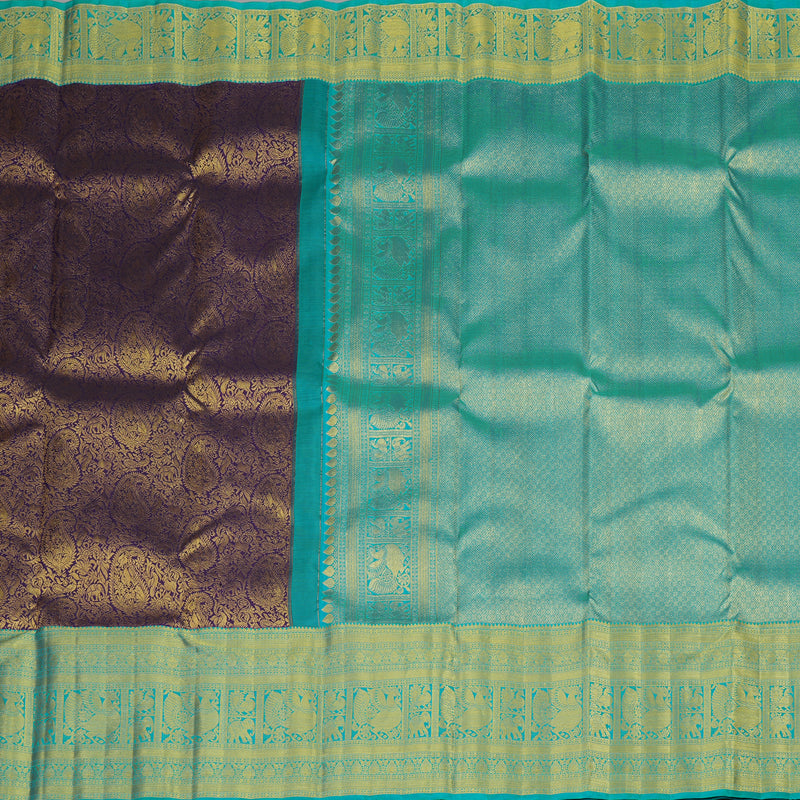 Hayagrivas Handloom Violet Kanjivaram Silk Saree with Bright Teal Border KBE1012I2-7