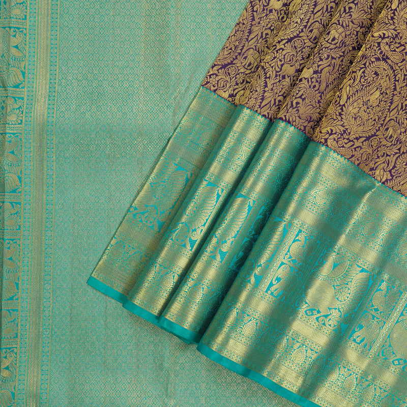 Hayagrivas Handloom Violet Kanjivaram Silk Saree with Bright Teal Border KBE1012I2-7